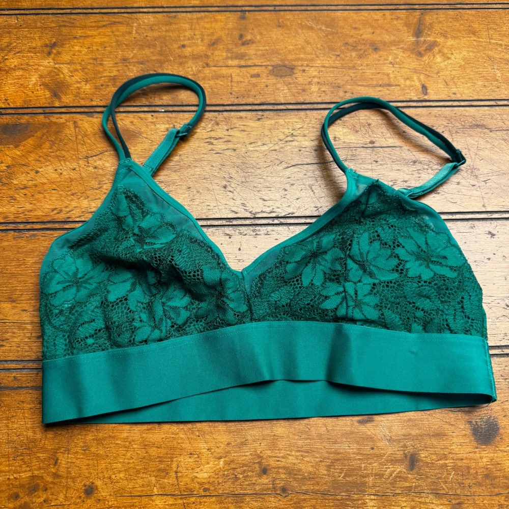 Auden Womens‎ Emerald Green Floral Lace Bralette Wireless Mesh Lined Size S